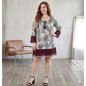 Free 2 Luv Floral Tassel Dress Womens 1X White Black Burgundy Lace Trim Boho